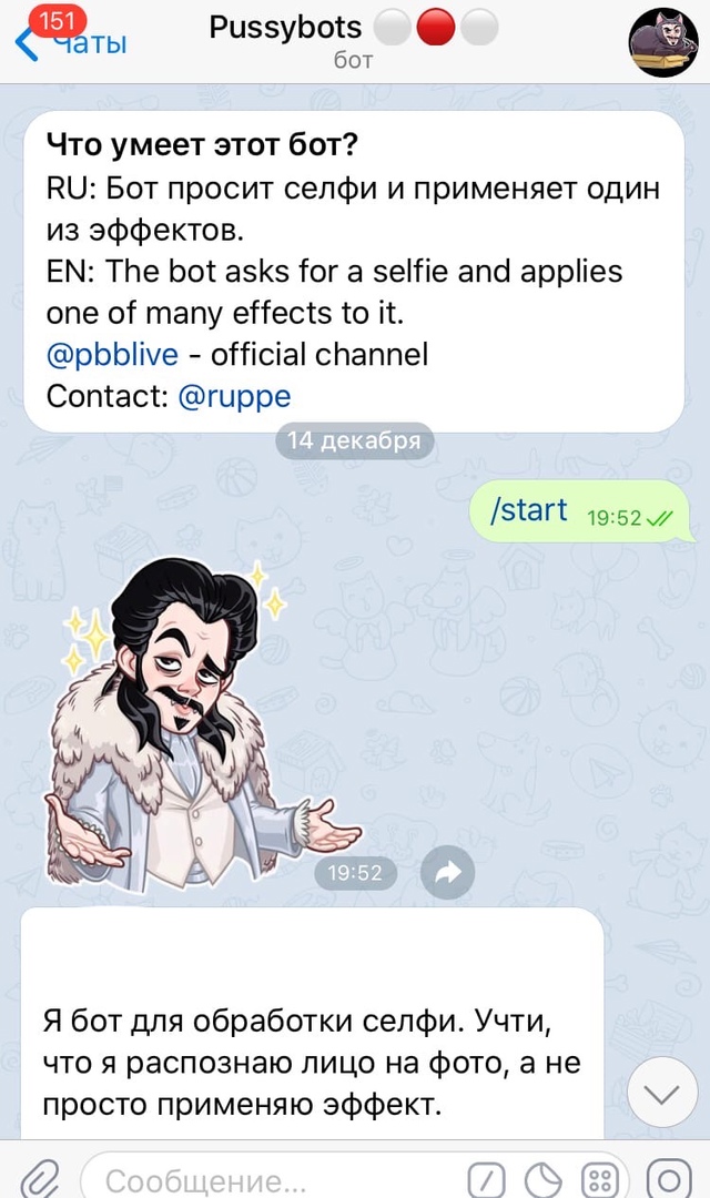Приветственное окно бота